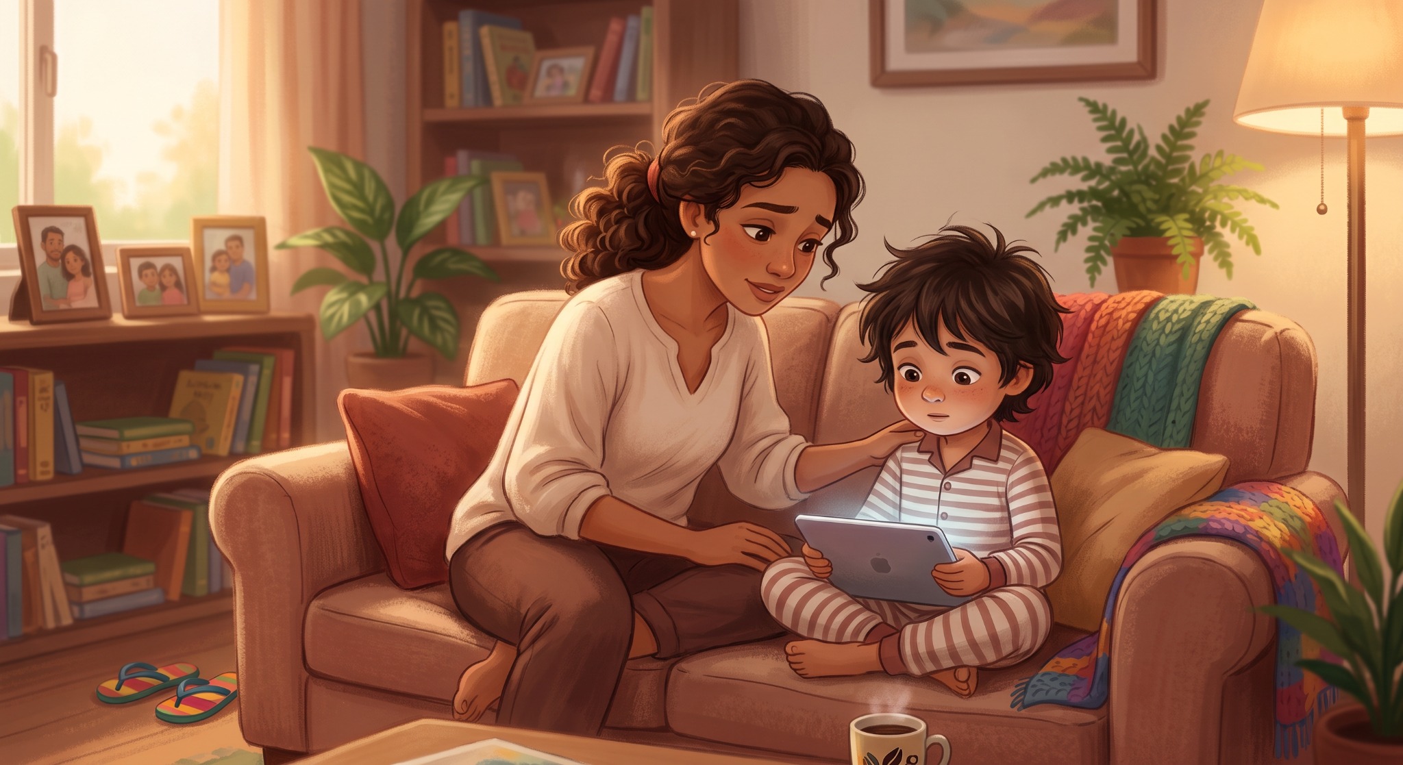 Mãe e filho juntos diante de um tablet em casa