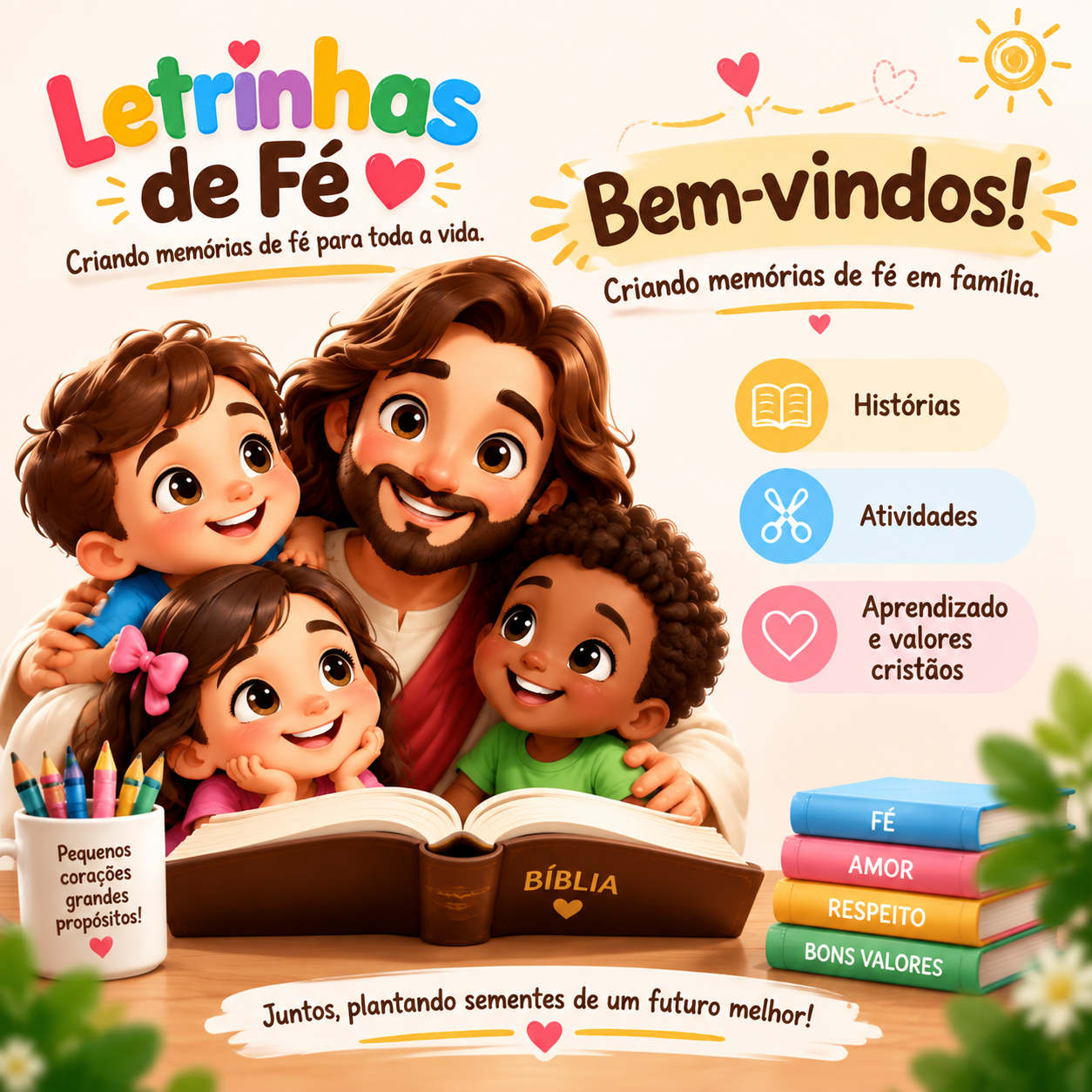 Jesus com crianças reunidas em torno da Bíblia